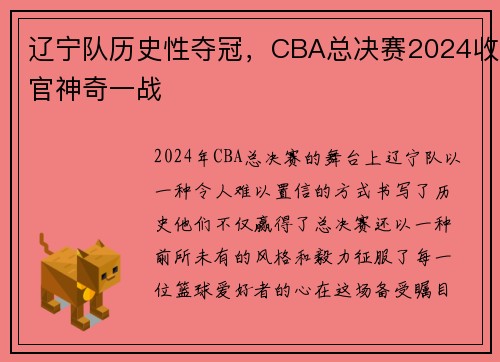 辽宁队历史性夺冠，CBA总决赛2024收官神奇一战